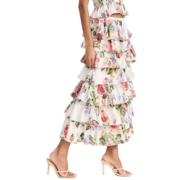 Alix‎ of Bohemia Tasha Rose Floral Ruffle Tiered Midi Skirt Small Cottagecore - Picture 4 of 16